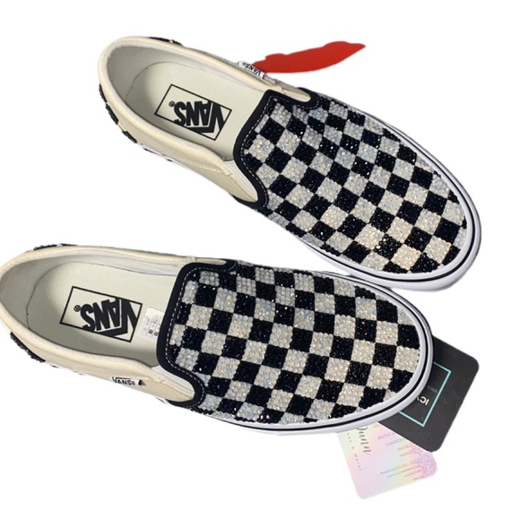 Opal Crystal & Jet Black Checkerboard Slip On Vans All Sizes New With Box - Picture 3 of 6